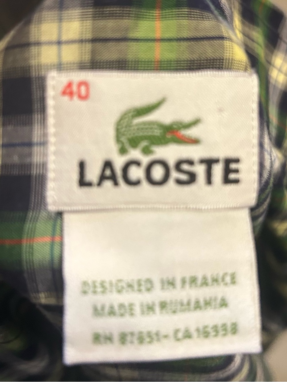 Lacoste Plaid Button Down Shirt Size 40 Green Blue Yellow 100%Cotton EUC - Picture 2 of 6